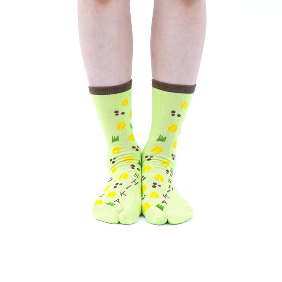 Person wearing long green Tabi Socks " Shika-no Ashiato ", front view