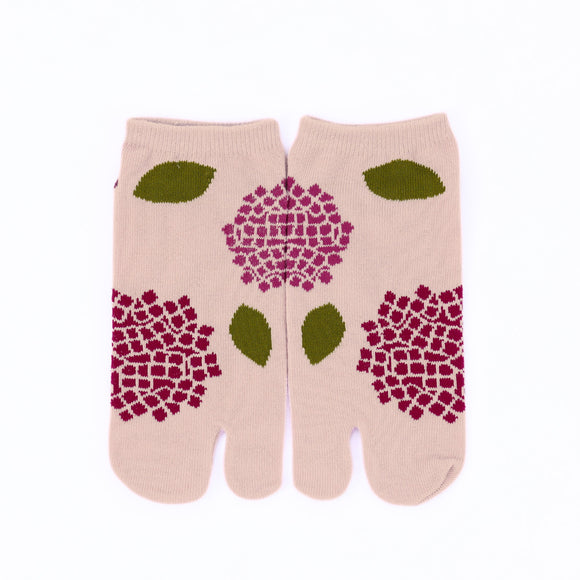 Front view of short pink Tabi Socks " Ajisai "