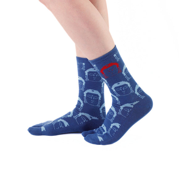 Person wearing long blue Tabi Socks " Kamakura Daibutsu ", right side view