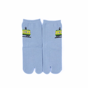 Front view of long blue Tabi Socks " Pixel Densha "– children's size