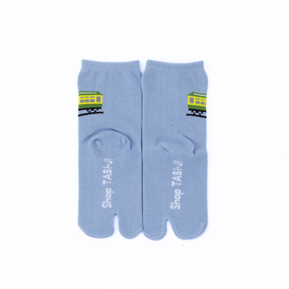 Back view of long blue Tabi Socks " Pixel Densha "– children's size