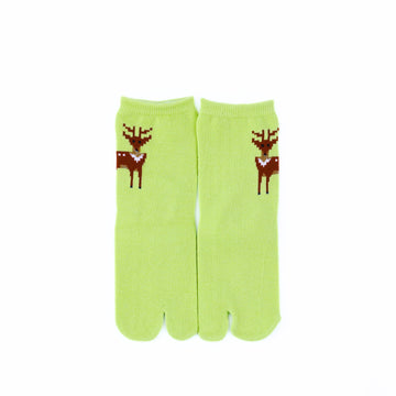Front view of long green Tabi Socks " Pixel Shika "– children's size