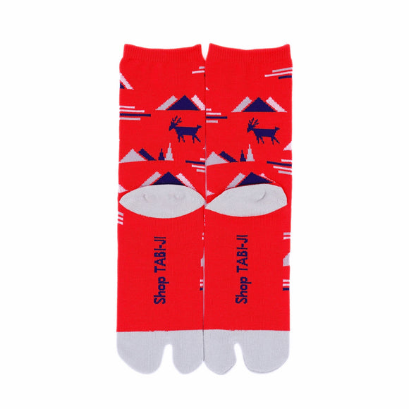 Back view of long red Tabi Socks " Mikasayama "