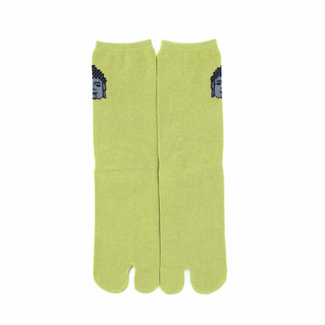 Front view of long green Tabi Socks " Pixel Daibutsu "