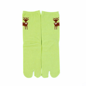 Front view of long green Tabi Socks " Pixel Shika "
