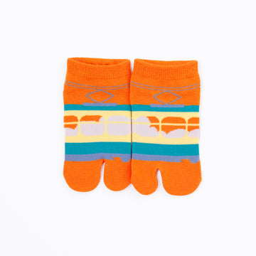 Front view of short orange Tabi Socks " Densha "– children's size