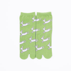 Front view of long green Tabi Socks " Shika Origami "– children's size