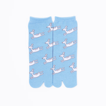 Front view of long blue Tabi Socks " Shika Origami "– children's size