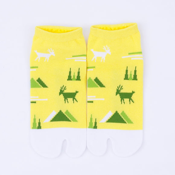 Front view of short yellow Tabi Socks " Mikasayama "