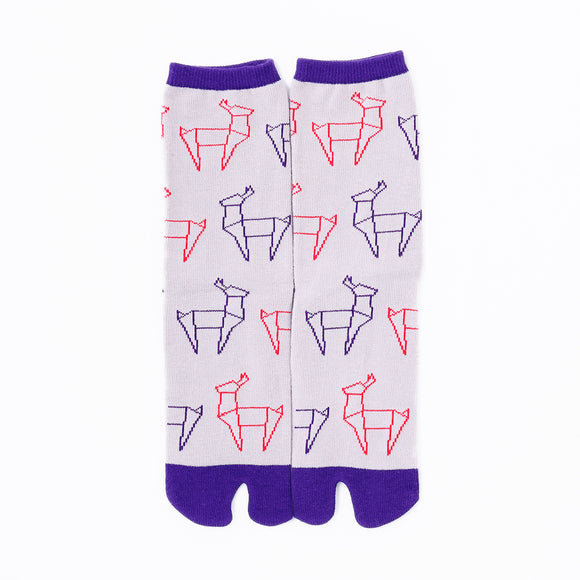 Front view of long beige Tabi Socks " Shika Origami "