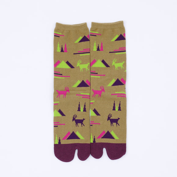 Front view of long khaki Tabi Socks " Mikasayama "