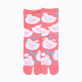 Front view of long orange Tabi Socks " Hato "