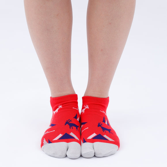 Person wearing short red Tabi Socks " Mikasayama ", front view