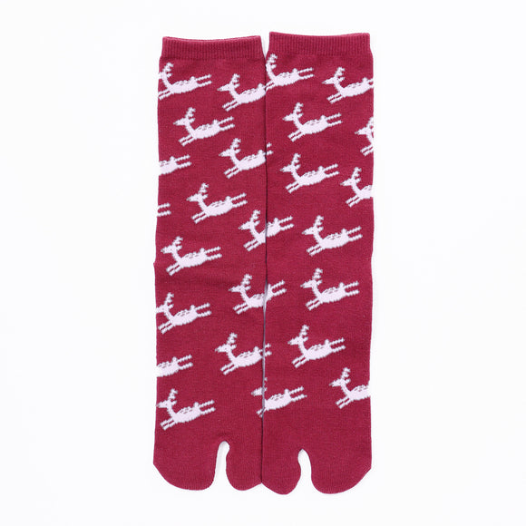 Front view of long red Tabi Socks " Shika Hashiru "
