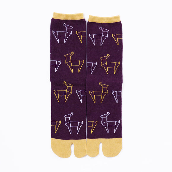 Front view of long purple Tabi Socks " Shika Origami "