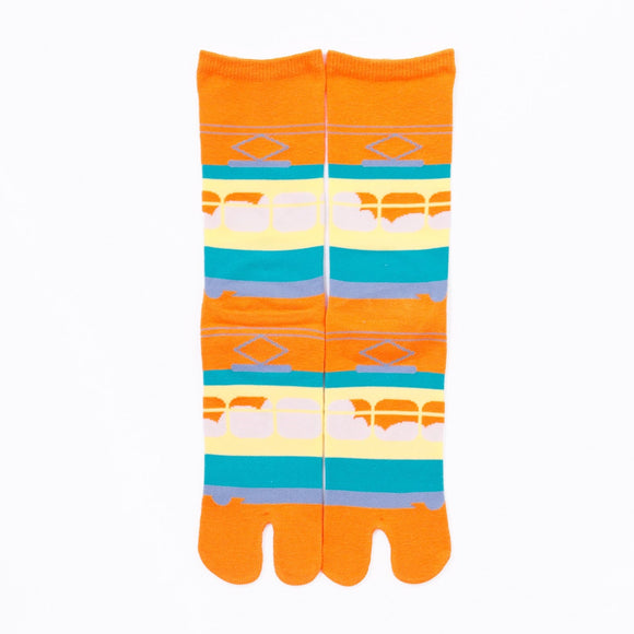 Front view of long orange Tabi Socks " Densha "