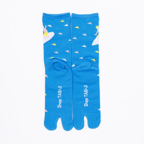 Back view of long blue Tabi Socks " Surfer "