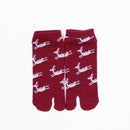 Front view of short red Tabi Socks " Shika Hashiru "