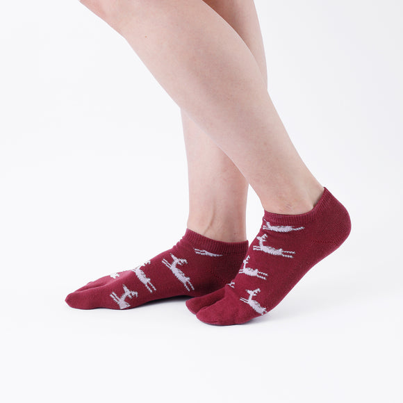 Person wearing short red Tabi Socks " Shika Hashiru ", right side view