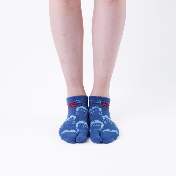 Person wearing short blue Tabi Socks " Kamakura Daibutsu ", front view