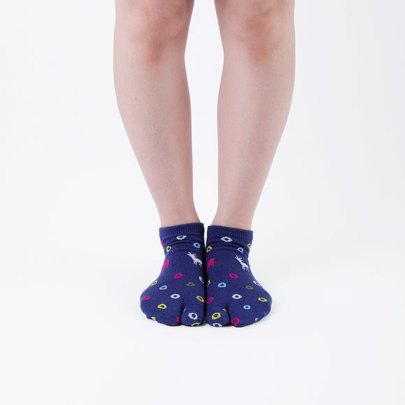 Person wearing short blue Tabi Socks " Shika & Wa ", front view