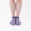 Person wearing short blue Tabi Socks " Kingyo 2 ", front view