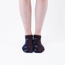 Person wearing short navy Tabi Socks " Tonbo & Ichimatsu ", front view