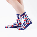 Person wearing long blue Tabi Socks " Kingyo 2 ", right side view
