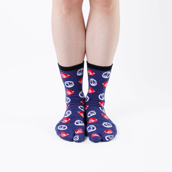 Person wearing long navy Tabi Socks " Tai ", front view