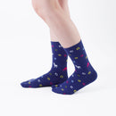 Person wearing long blue Tabi Socks " Shika & Wa ", right side view