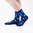 Person wearing long blue Tabi Socks " Shika Nozoku ", right side view