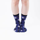 Person wearing long navy Tabi Socks " Maneki Neko ", front view