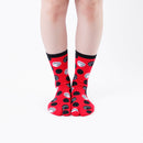 Person wearing long red Tabi Socks " Maneki Neko ", front view